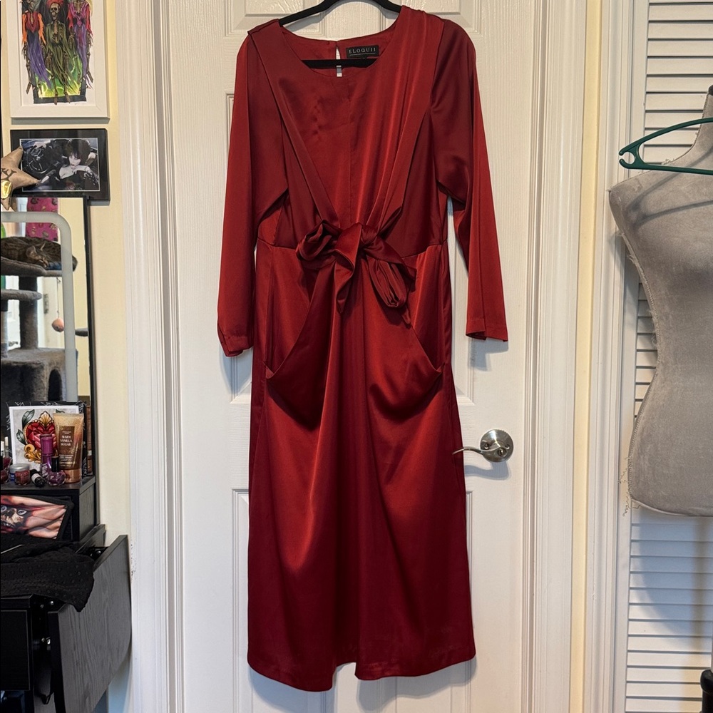 Eloquii Merlot Satin Midi front tie dress size 16